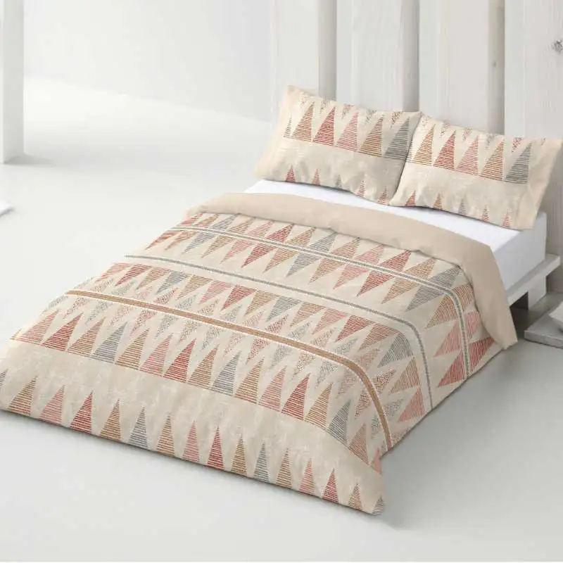 juego de funda nordica 124 teja de burrito blanco con estampado geometrico de triangulos etnicos en tonos teja beige y gris vesta hogar