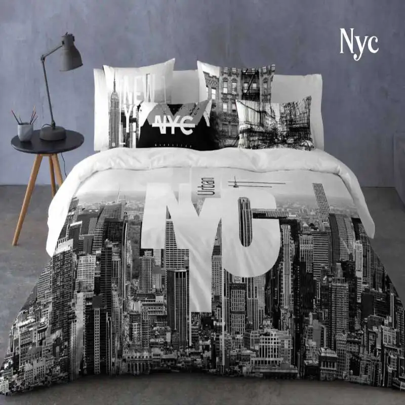 juego de funda nordica nyc de naturals con impresion panoramica del skyline de rascacielos de nueva york en blanco y negro con tipografia nyc vesta hogar