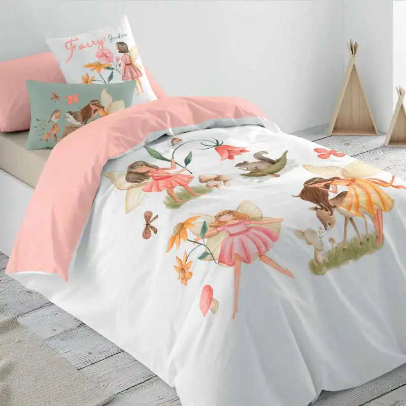 juego de funda nordica flora de naturals con estampado infantil de hadas flores y animales del bosque con reverso rosa vesta hogar