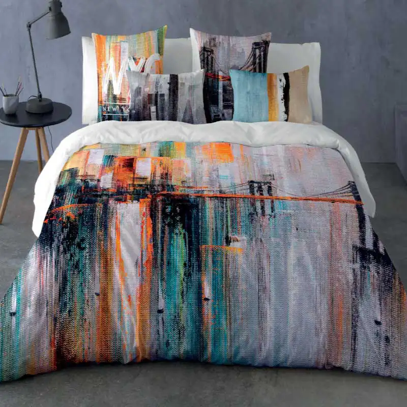 juego de funda nordica ny art de naturals con estampado de lienzo al oleo del puente de brooklyn en tonos naranja turquesa y gris vesta hogar