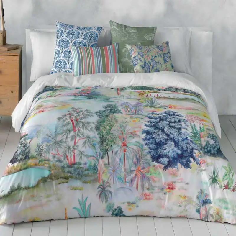 juego de funda nordica sera de naturals con estampado artistico de paisaje natural ilustrado con arboles vegetacion acuarela en verde azul rosa vesta hogar