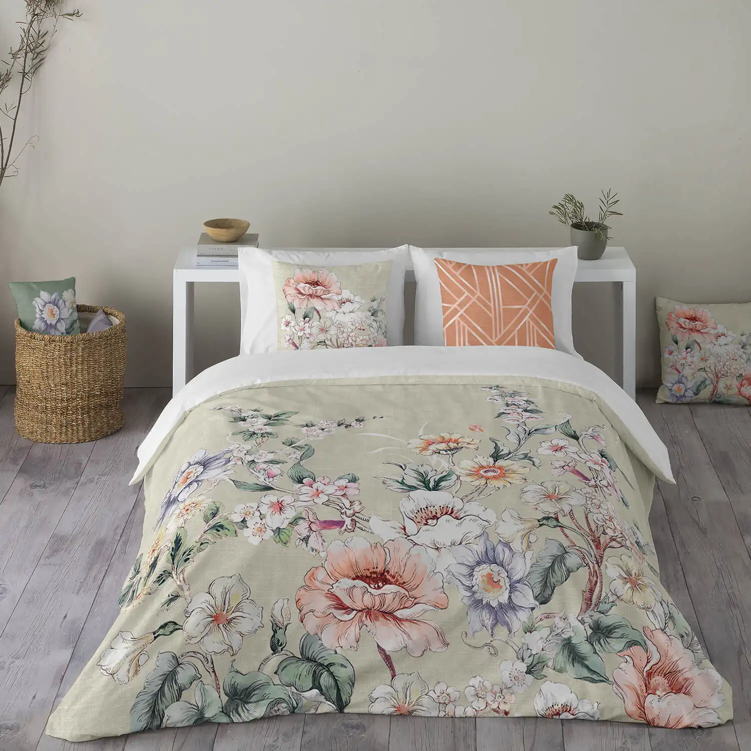 juego de funda nordica matilde de naturals con estampado floral clasico de peonias en tonos rosa coral y malva sobre fondo verde agua vesta hogar