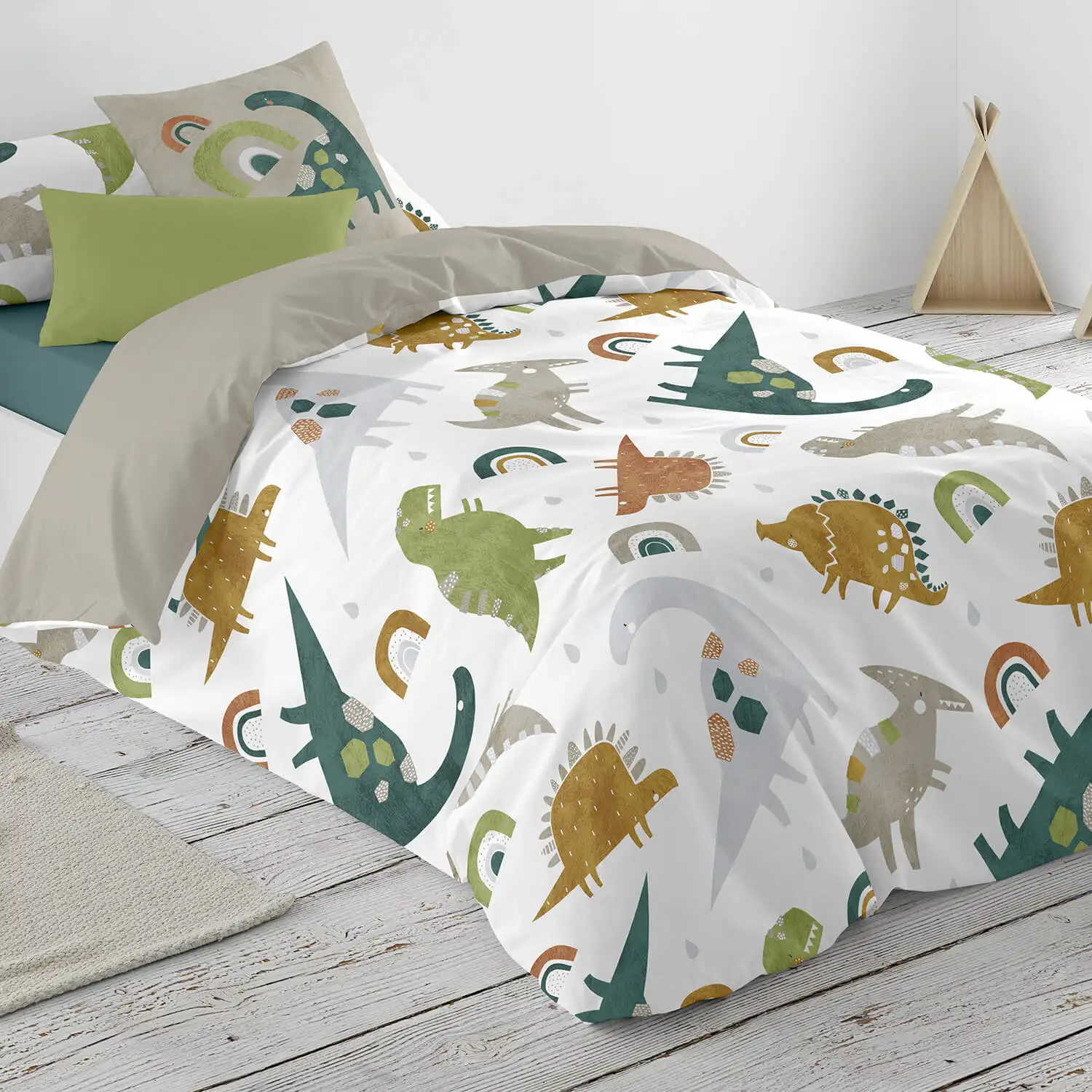 juego de funda nordica infantil saurio de naturals reversible con estampado de dinosaurios arcoiris y tonos verde mostaza y beige vesta hogar