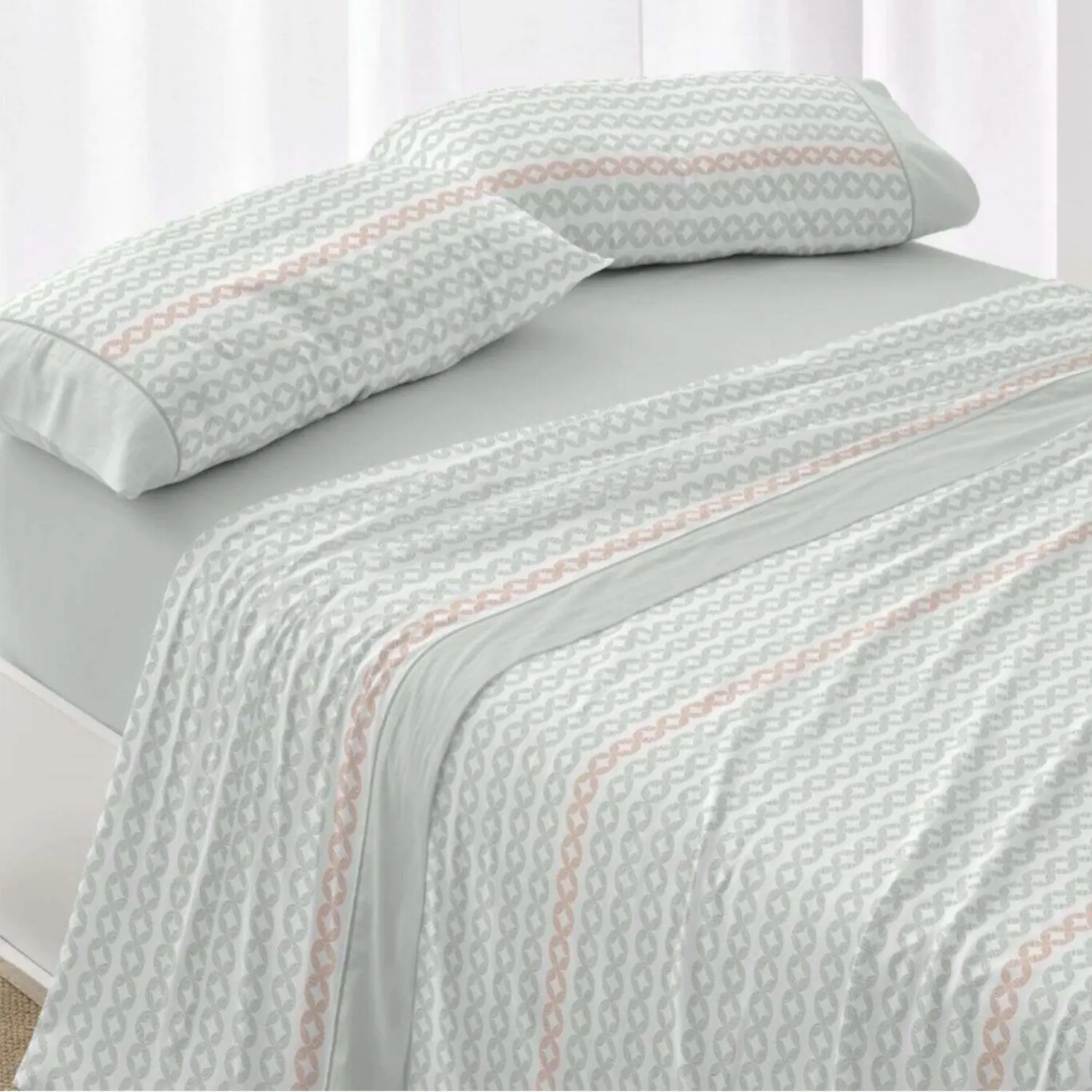 juego de sabanas 542 menta de burrito blanco con estampado geometrico de aros en verde menta y rosa vesta hogar