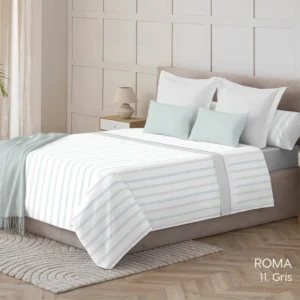 juego de sabanas roma gris de catotex con estampado a rayas horizontales neutras y bajera lisa gris vesta hogar