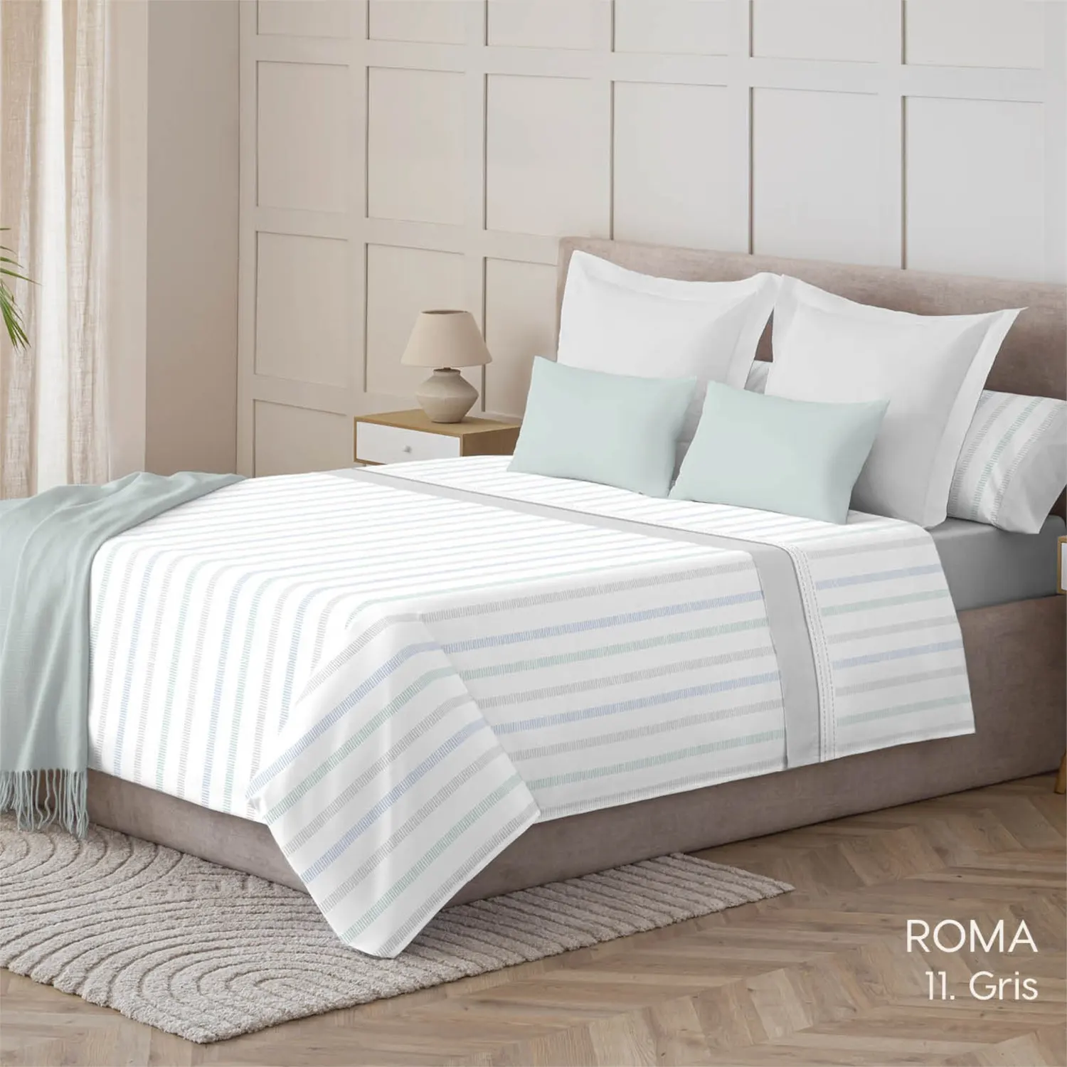 juego de sabanas roma gris de catotex con estampado a rayas horizontales neutras y bajera lisa gris vesta hogar