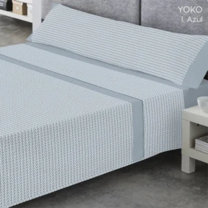 juego de sabanas yoko azul oceano de catotex con microestampado geometrico blanco y bajera lisa azul vesta hogar
