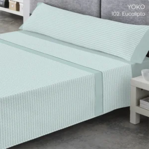 juego de sabanas yoko eucalipto de catotex con microestampado geometrico blanco y bajera lisa verde eucalipto vesta hogar