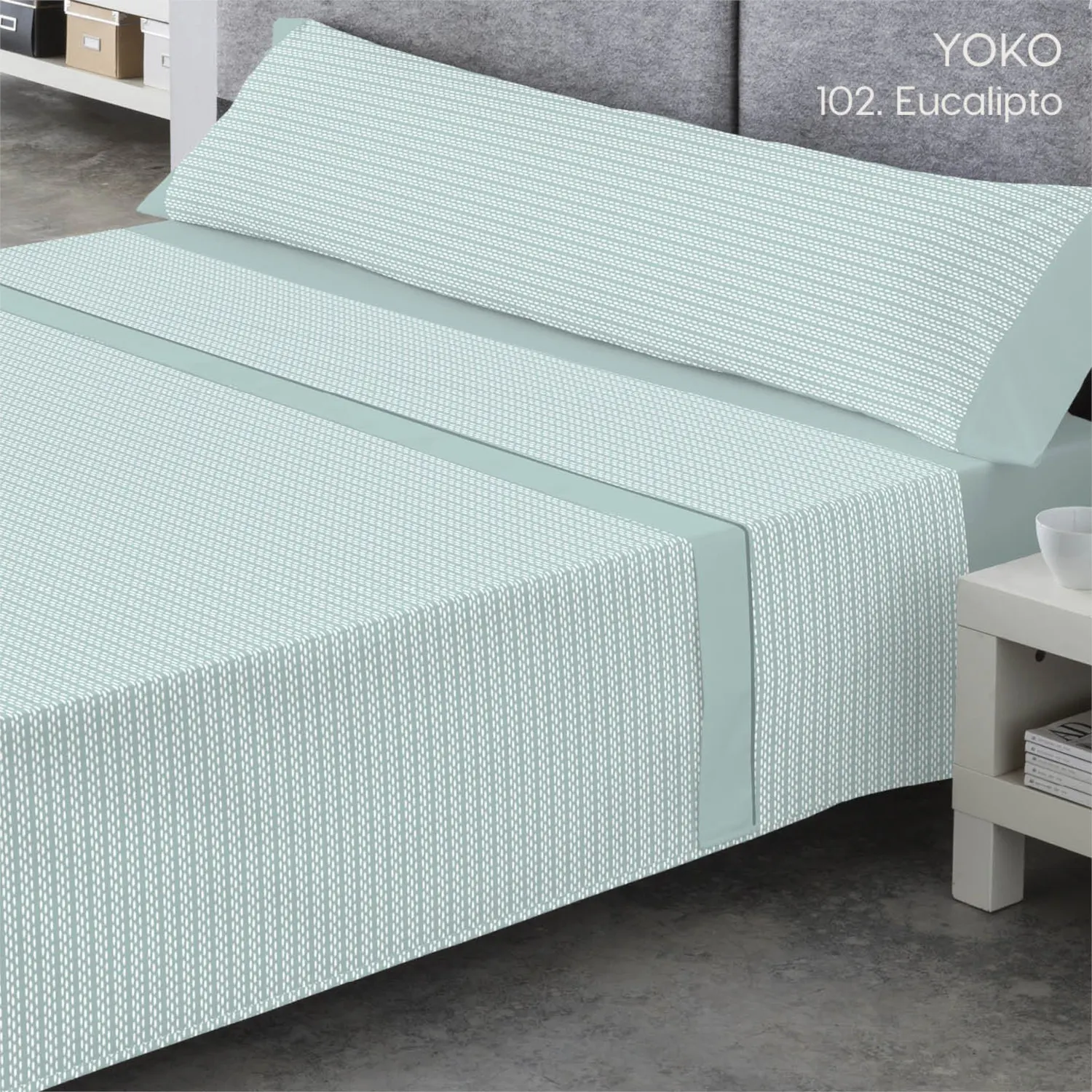juego de sabanas yoko eucalipto de catotex con microestampado geometrico blanco y bajera lisa verde eucalipto vesta hogar